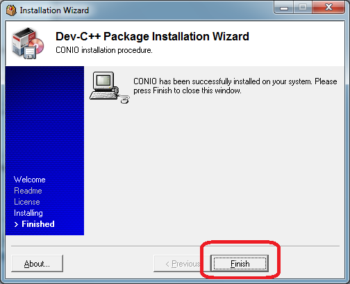 Conio2.h - Installation - Click the \"Finish\" button Conio2.h - Conio2.h Installation and Configuration