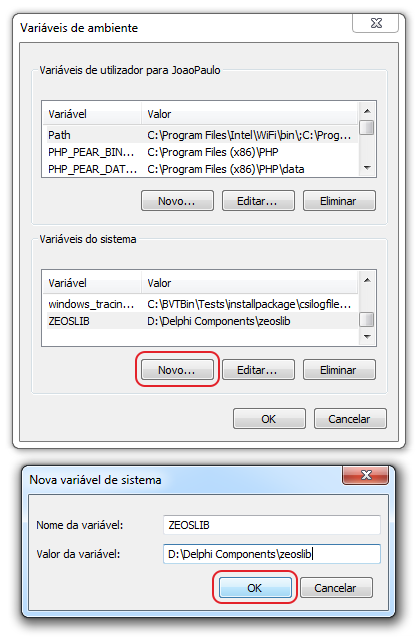 Windows Seven - Propriedades do Sistema - Variáveis de Ambiente Instalando ZeosLib no Delphi XE2