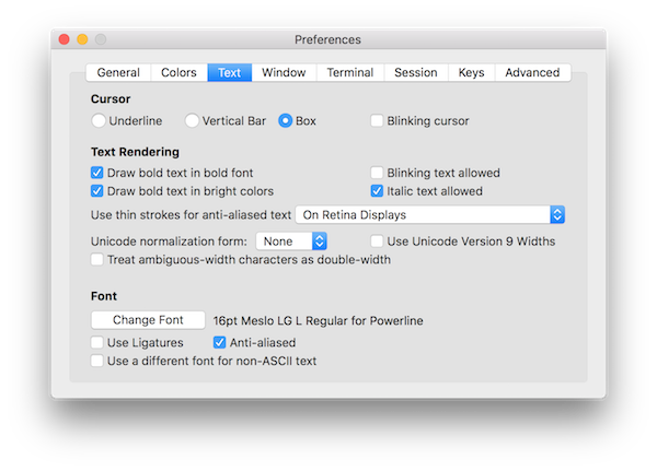 Configuração de texto do iTerm
